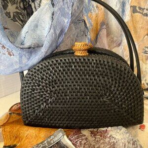 Anthropologie Black Woven Straw Half Moon Bag With Dual Handles Like New